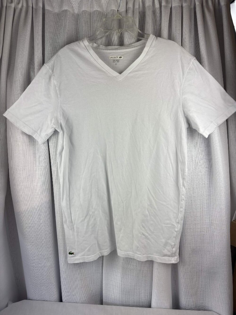 Lacoste White V-Neck Logo Crocodile Tee Jersey Cotton Short Sleeve Men's Large